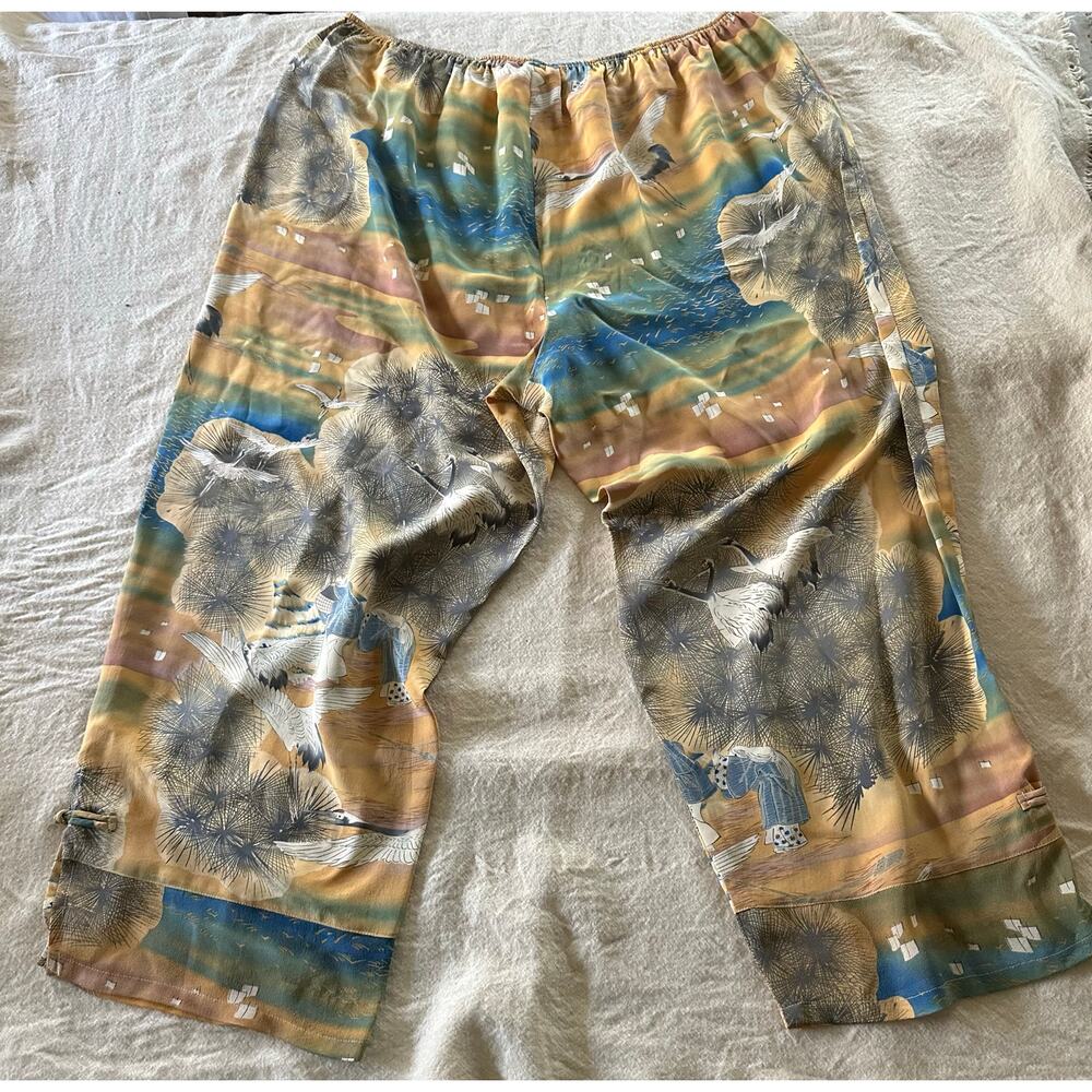 Vintage Citron Santa Monica Pants Women 1 XSilk art asian Crop Resort Boho beige